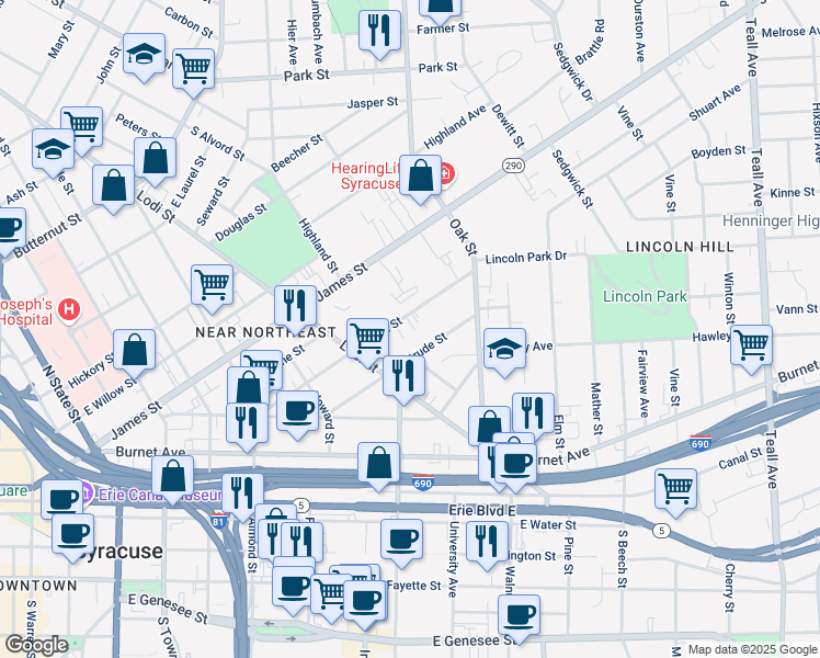 map of restaurants, bars, coffee shops, grocery stores, and more near 104 Green Street Court in Syracuse