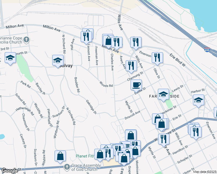map of restaurants, bars, coffee shops, grocery stores, and more near 240 Caroline Avenue in Syracuse