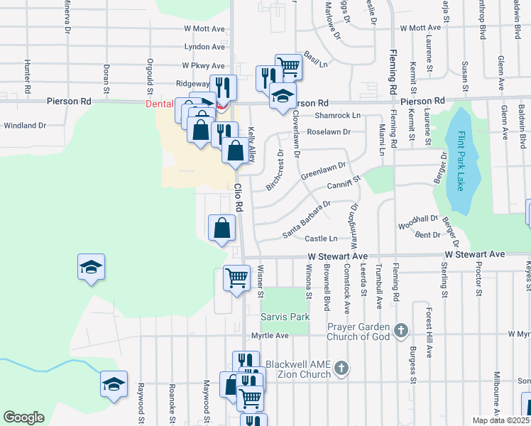 map of restaurants, bars, coffee shops, grocery stores, and more near 4208 Greenlawn Drive in Flint