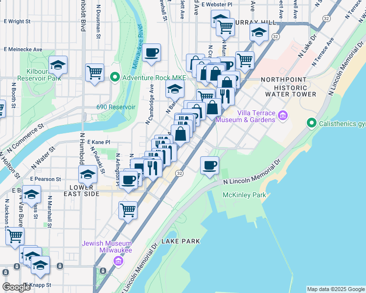 map of restaurants, bars, coffee shops, grocery stores, and more near 1941 North Farwell Avenue in Milwaukee