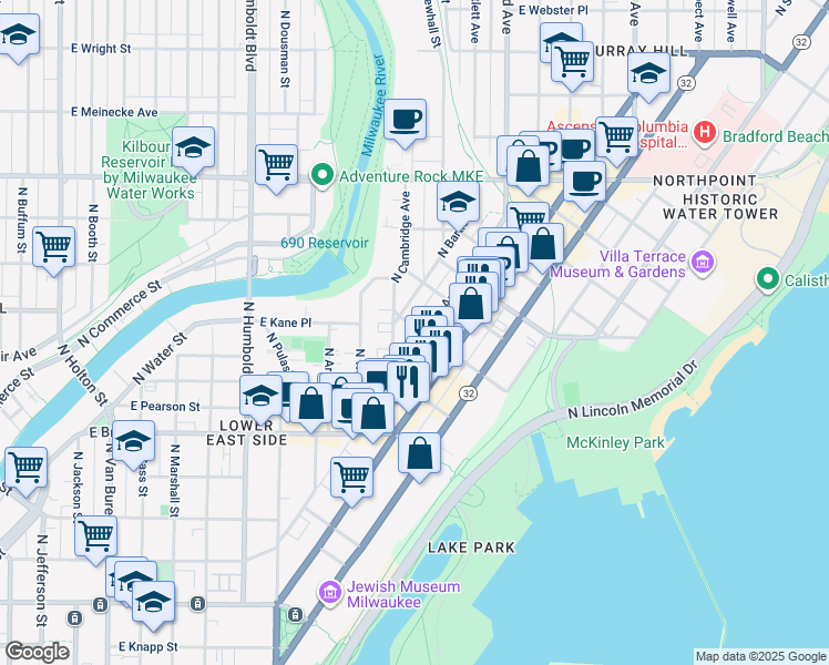 map of restaurants, bars, coffee shops, grocery stores, and more near in Milwaukee