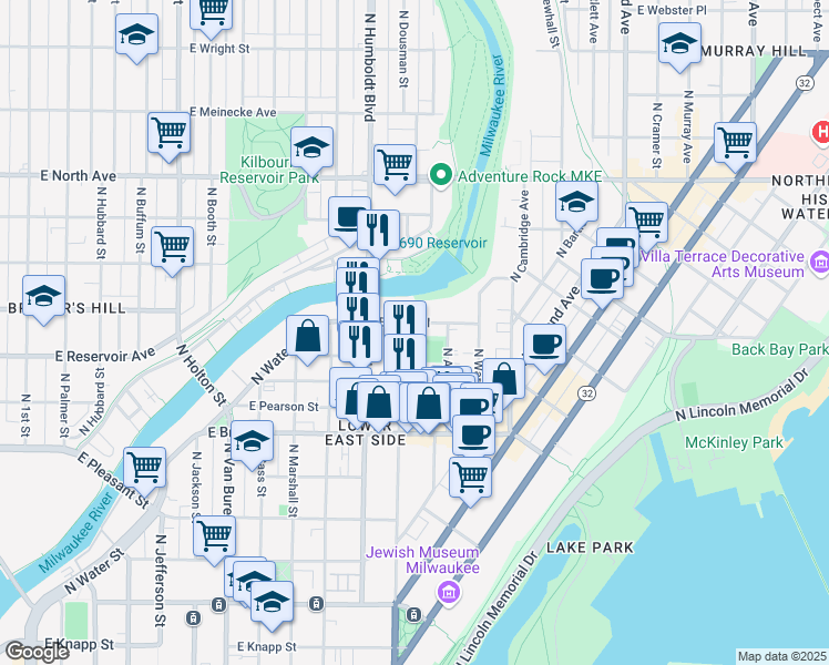 map of restaurants, bars, coffee shops, grocery stores, and more near in Milwaukee