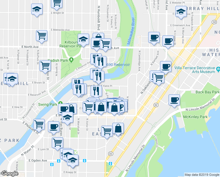 map of restaurants, bars, coffee shops, grocery stores, and more near 1131 East Kane Place in Milwaukee