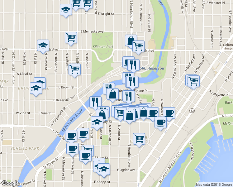map of restaurants, bars, coffee shops, grocery stores, and more near 1888 North Water Street in Milwaukee
