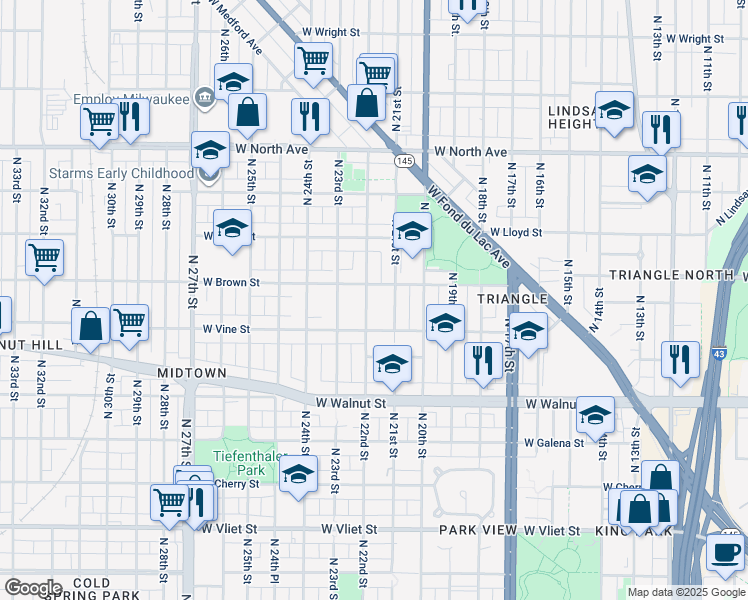 map of restaurants, bars, coffee shops, grocery stores, and more near in Milwaukee