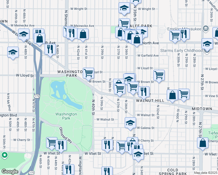 map of restaurants, bars, coffee shops, grocery stores, and more near 1941-1943 North 38th Street in Milwaukee