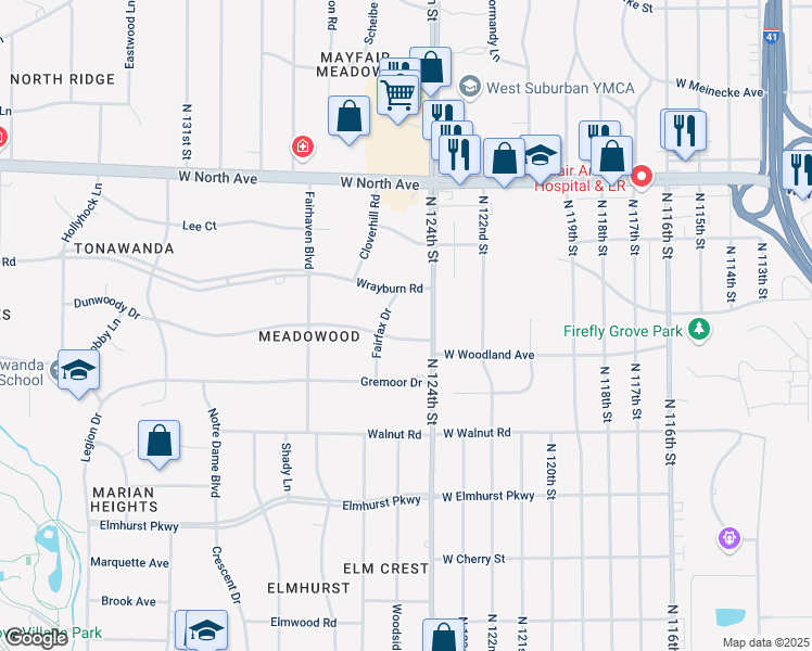 map of restaurants, bars, coffee shops, grocery stores, and more near 12440 Dunwoody Dr in Elm Grove