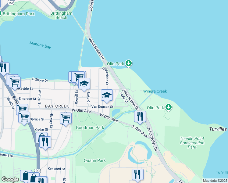 map of restaurants, bars, coffee shops, grocery stores, and more near 109 East Lakeside Street in Madison