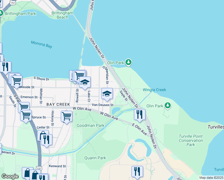 map of restaurants, bars, coffee shops, grocery stores, and more near 109 East Lakeside Street in Madison