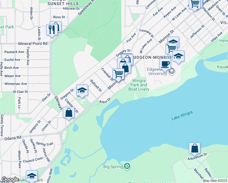 map of restaurants, bars, coffee shops, grocery stores, and more near 2821 Monroe Street in Madison