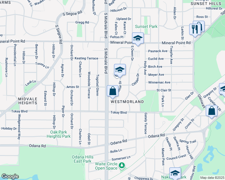 map of restaurants, bars, coffee shops, grocery stores, and more near 501 South Midvale Boulevard in Madison
