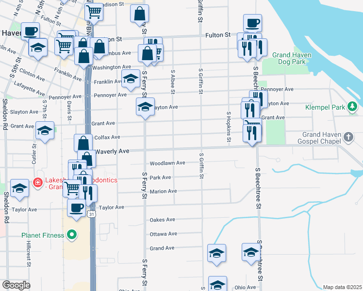 map of restaurants, bars, coffee shops, grocery stores, and more near 1215 Waverly Avenue in Grand Haven