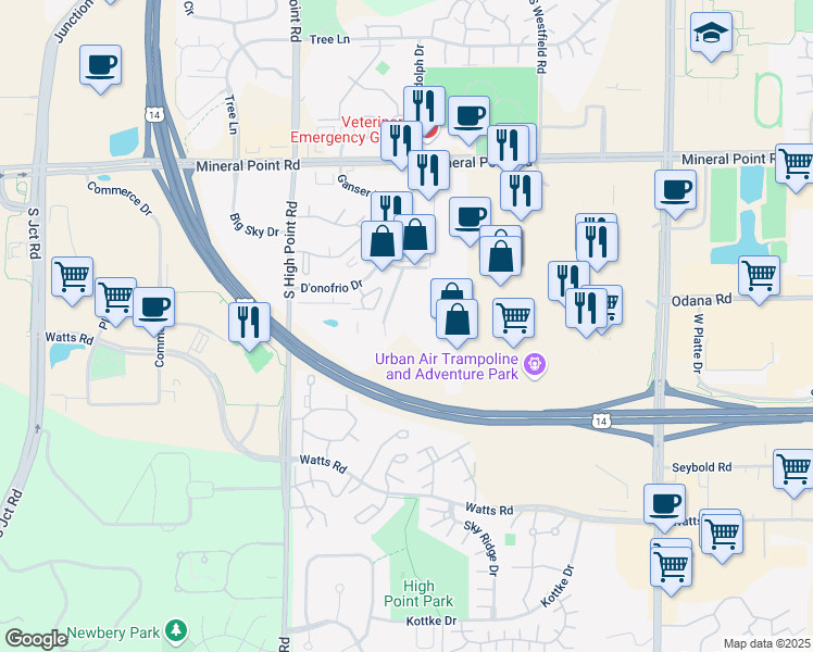 map of restaurants, bars, coffee shops, grocery stores, and more near 545 Zor Shrine Pl in Madison