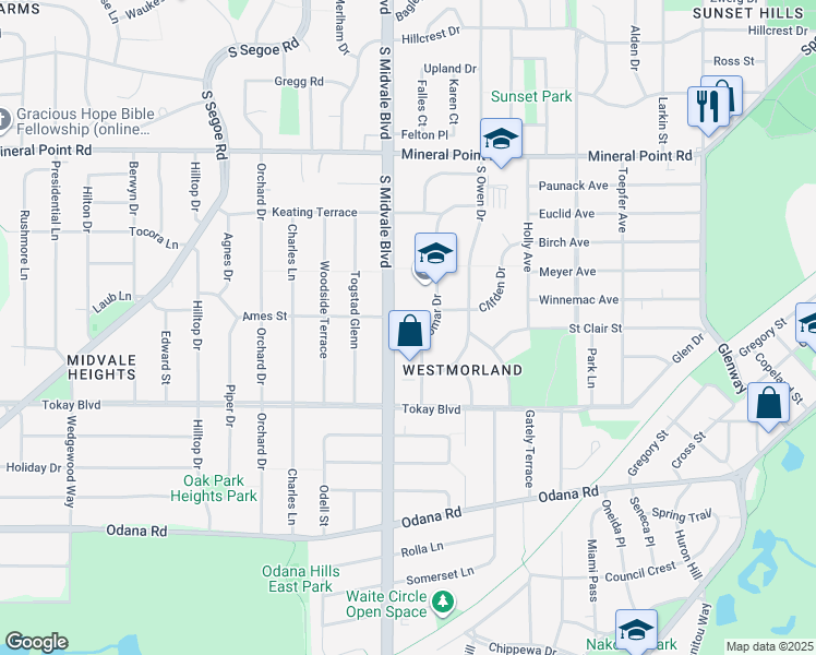 map of restaurants, bars, coffee shops, grocery stores, and more near 501 South Midvale Boulevard in Madison