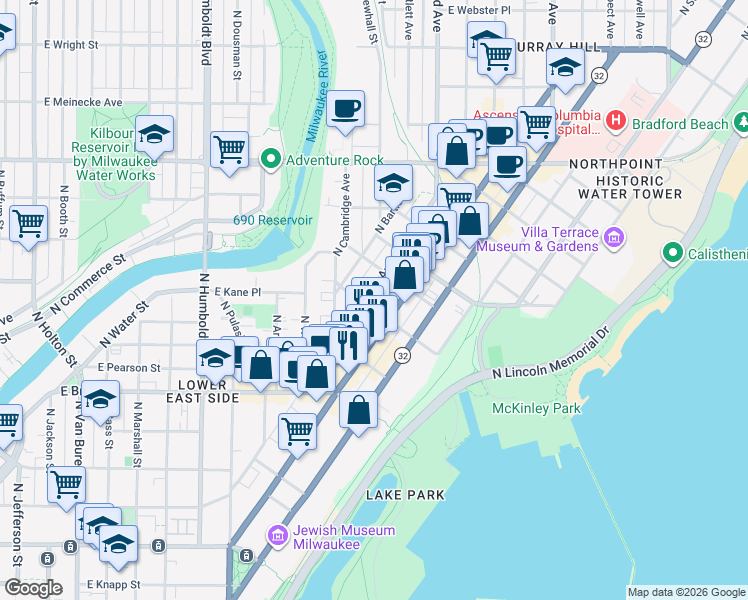 map of restaurants, bars, coffee shops, grocery stores, and more near 1604 East Kane Place in Milwaukee