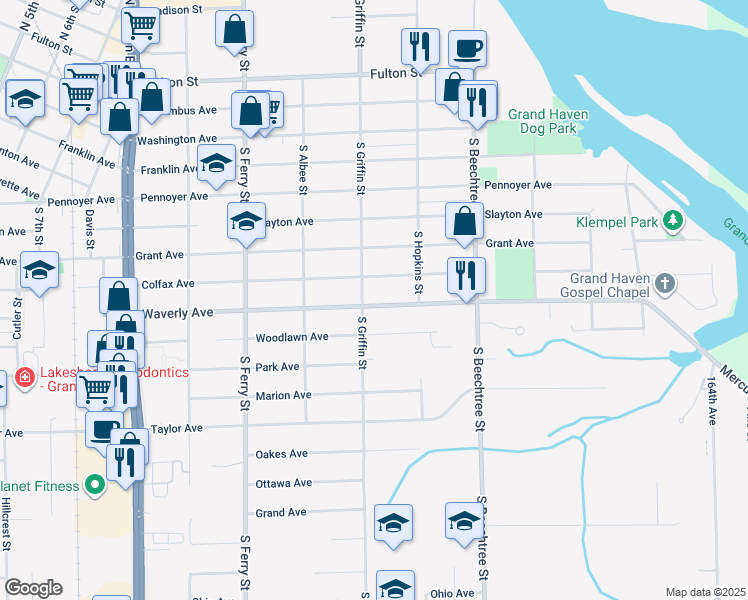 map of restaurants, bars, coffee shops, grocery stores, and more near 1307 Waverly Avenue in Grand Haven