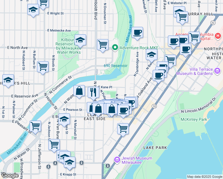 map of restaurants, bars, coffee shops, grocery stores, and more near in Milwaukee
