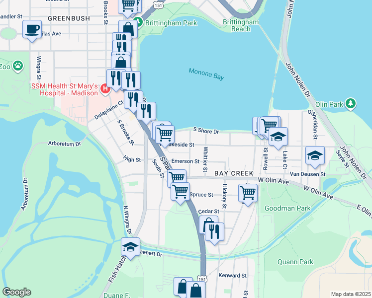 map of restaurants, bars, coffee shops, grocery stores, and more near 805 West Lakeside Street in Madison