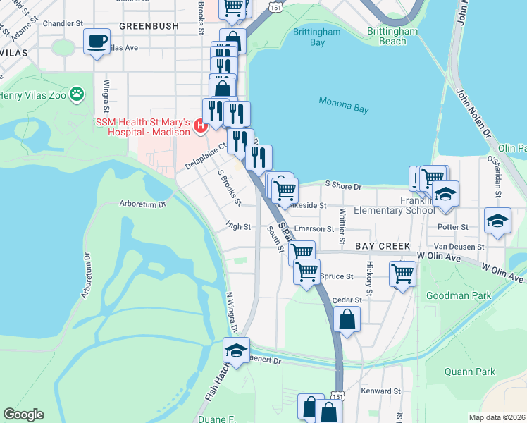 map of restaurants, bars, coffee shops, grocery stores, and more near 1007 Fish Hatchery Road in Madison
