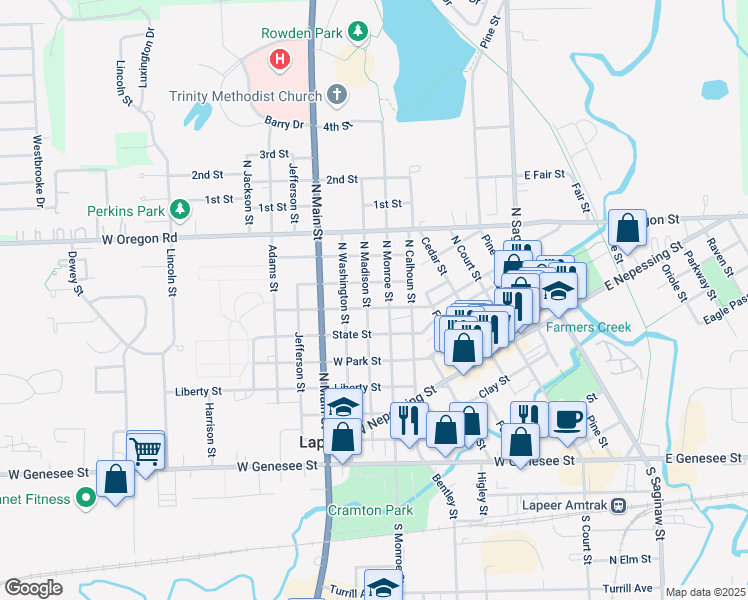 map of restaurants, bars, coffee shops, grocery stores, and more near 726 North Monroe Street in Lapeer