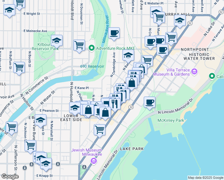 map of restaurants, bars, coffee shops, grocery stores, and more near 1864 North Cambridge Avenue in Milwaukee