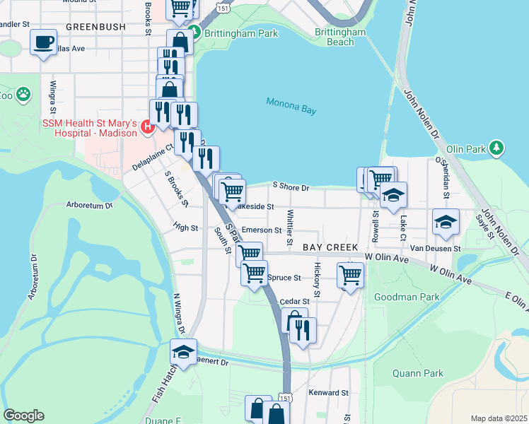 map of restaurants, bars, coffee shops, grocery stores, and more near 805 West Lakeside Street in Madison