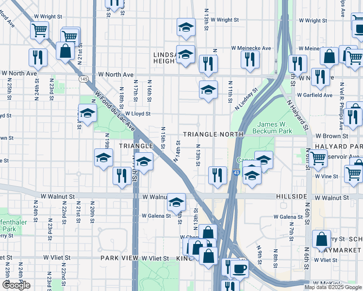 map of restaurants, bars, coffee shops, grocery stores, and more near 1350 West Reservoir Avenue in Milwaukee