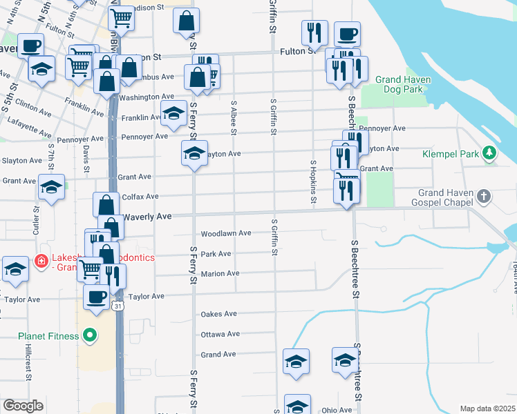 map of restaurants, bars, coffee shops, grocery stores, and more near 511 South Griffin Street in Grand Haven