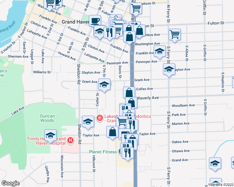 map of restaurants, bars, coffee shops, grocery stores, and more near 702 Colfax Avenue in Grand Haven