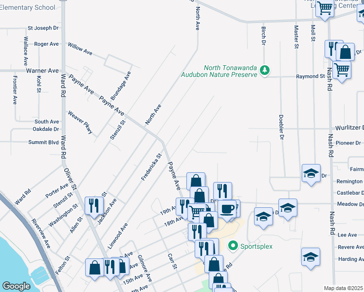 map of restaurants, bars, coffee shops, grocery stores, and more near 315 Linwood Avenue in North Tonawanda