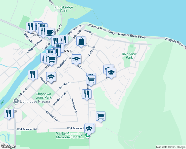 map of restaurants, bars, coffee shops, grocery stores, and more near 8415 Parkway Drive in Niagara Falls