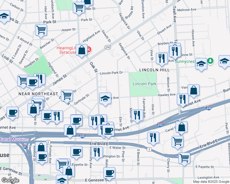 map of restaurants, bars, coffee shops, grocery stores, and more near 409 Elm Street in Syracuse