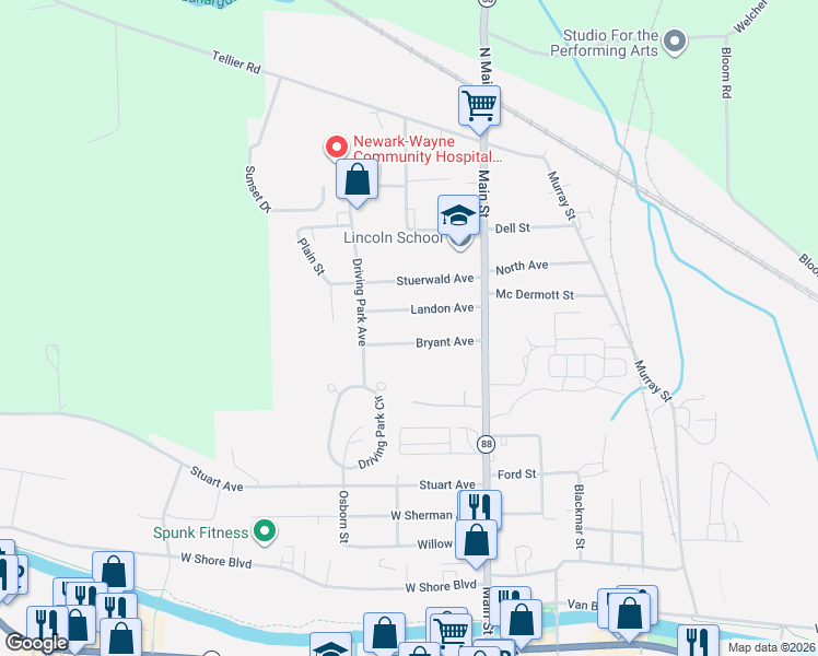 map of restaurants, bars, coffee shops, grocery stores, and more near 151 Bryant Avenue in Newark