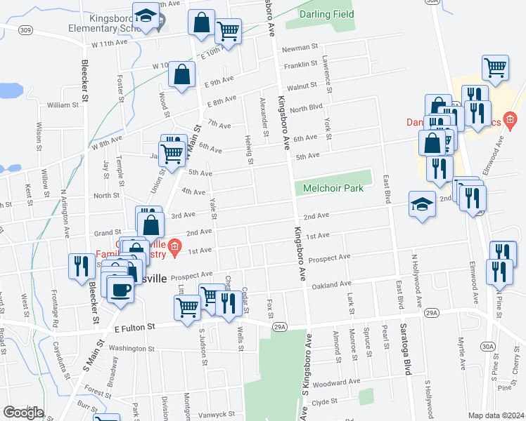 map of restaurants, bars, coffee shops, grocery stores, and more near 102 3rd Avenue in Gloversville