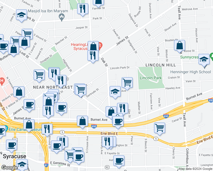 map of restaurants, bars, coffee shops, grocery stores, and more near 367 Gertrude Street in Syracuse