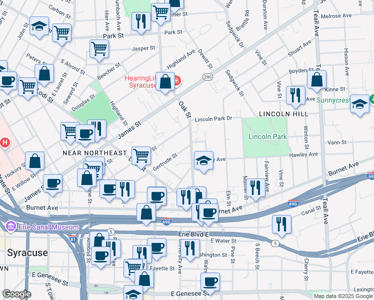 map of restaurants, bars, coffee shops, grocery stores, and more near 367 Gertrude Street in Syracuse