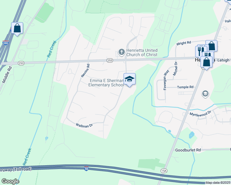 map of restaurants, bars, coffee shops, grocery stores, and more near 43 Authors Avenue in Henrietta