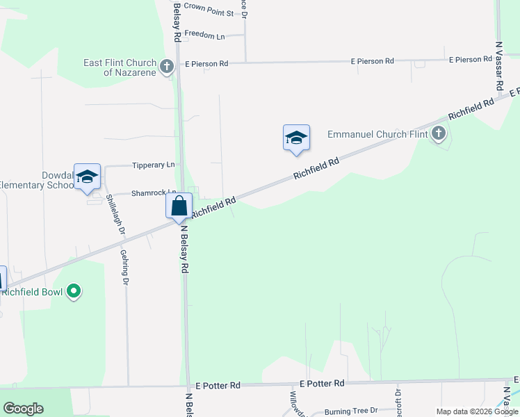 map of restaurants, bars, coffee shops, grocery stores, and more near 6116 Richfield Road in Flint