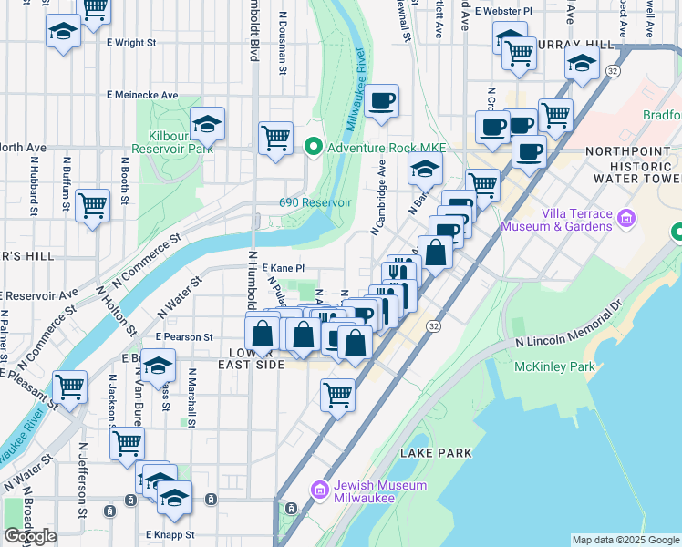 map of restaurants, bars, coffee shops, grocery stores, and more near 1327 East Kane Place in Milwaukee