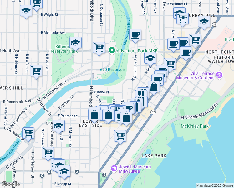 map of restaurants, bars, coffee shops, grocery stores, and more near 1327 East Kane Place in Milwaukee