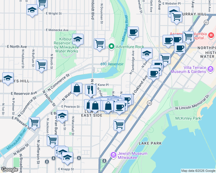 map of restaurants, bars, coffee shops, grocery stores, and more near in Milwaukee