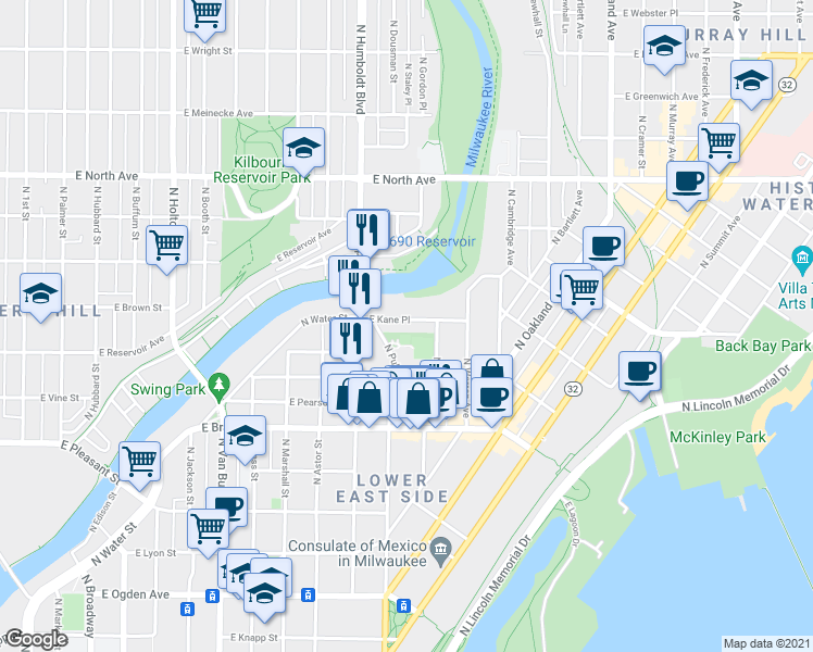 map of restaurants, bars, coffee shops, grocery stores, and more near in Milwaukee
