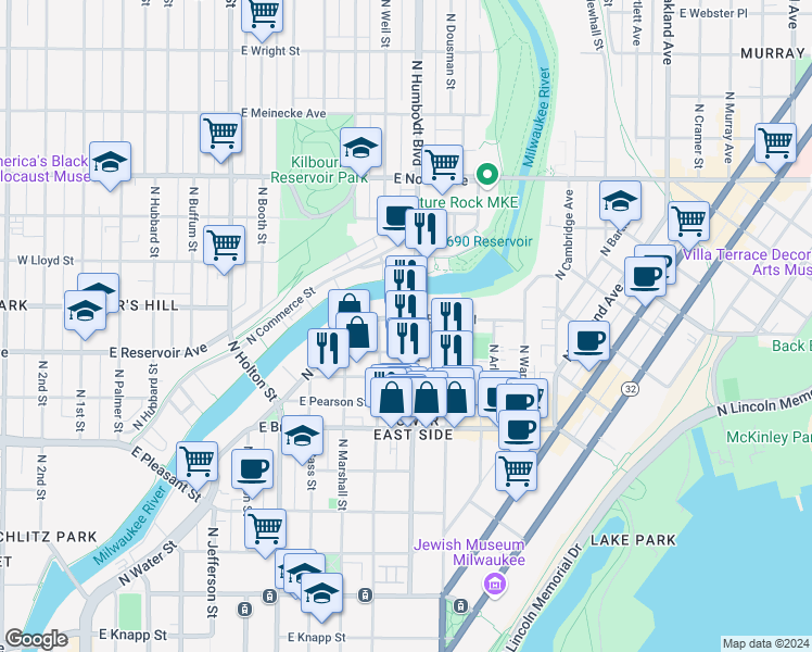 map of restaurants, bars, coffee shops, grocery stores, and more near 1871 North Humboldt Avenue in Milwaukee