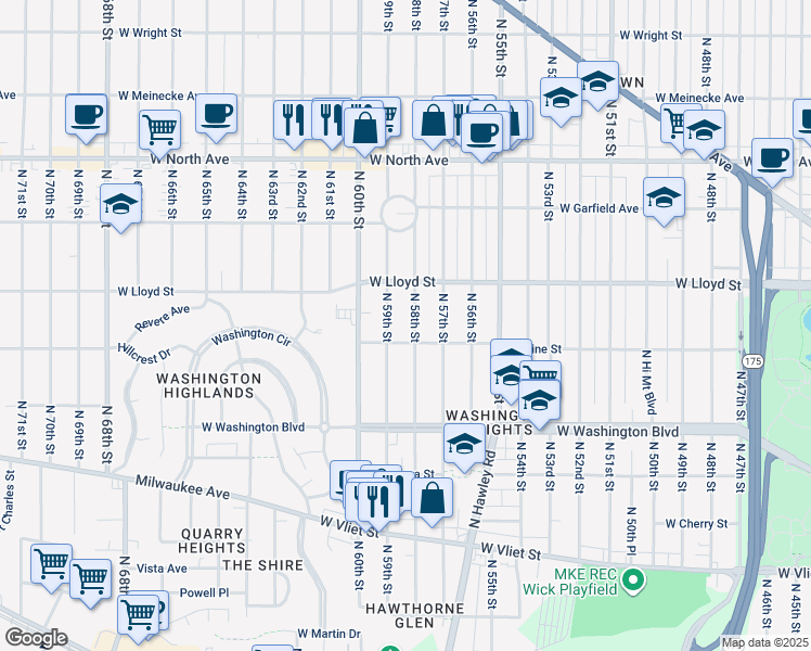 map of restaurants, bars, coffee shops, grocery stores, and more near 1927 North 58th Street in Milwaukee