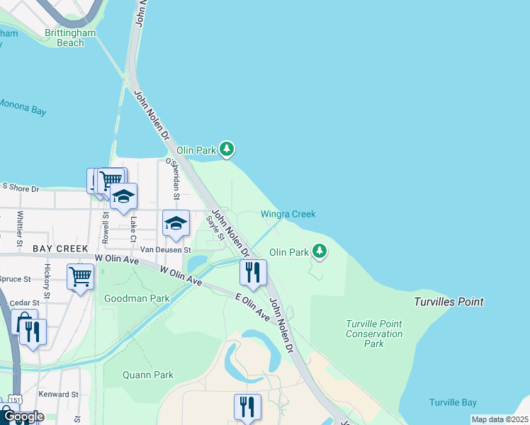 map of restaurants, bars, coffee shops, grocery stores, and more near 358 East Lakeside Street in Madison