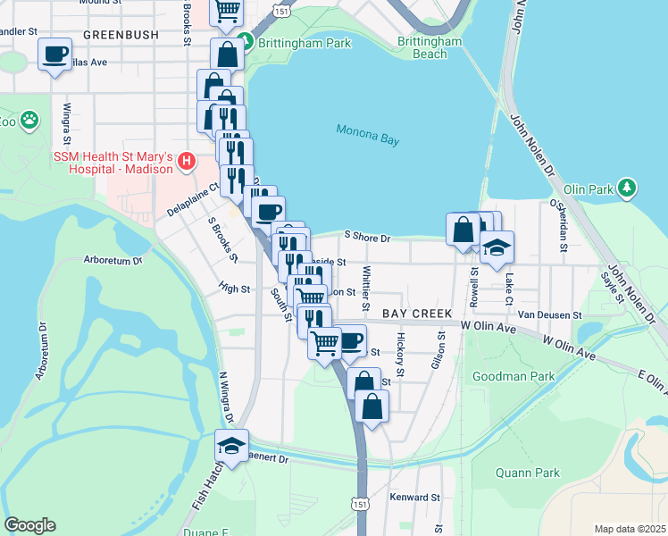 map of restaurants, bars, coffee shops, grocery stores, and more near 805 West Lakeside Street in Madison