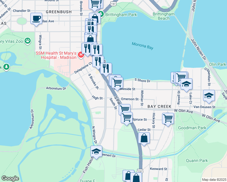 map of restaurants, bars, coffee shops, grocery stores, and more near 1008 South Park Street in Madison