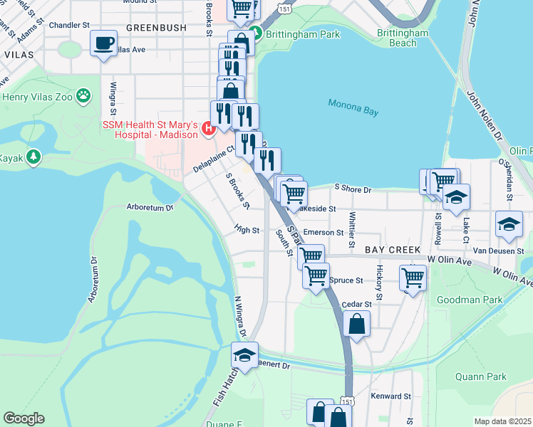 map of restaurants, bars, coffee shops, grocery stores, and more near 1008 South Park Street in Madison