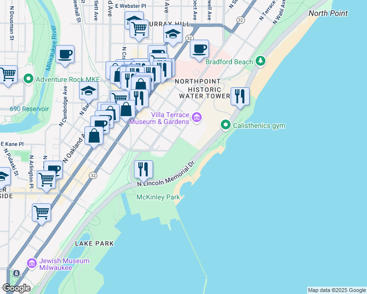 map of restaurants, bars, coffee shops, grocery stores, and more near 2315 East Back Bay in Milwaukee