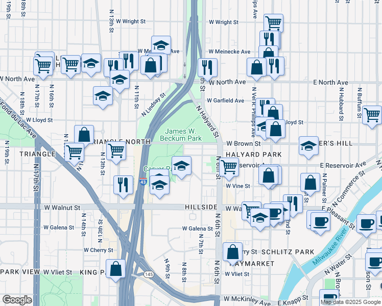map of restaurants, bars, coffee shops, grocery stores, and more near 734 West Land Place in Milwaukee